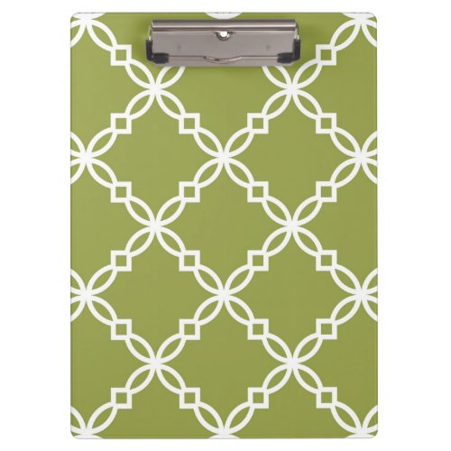 Avocado Green White Large Fancy Quatrefoil Pattern Clipboard