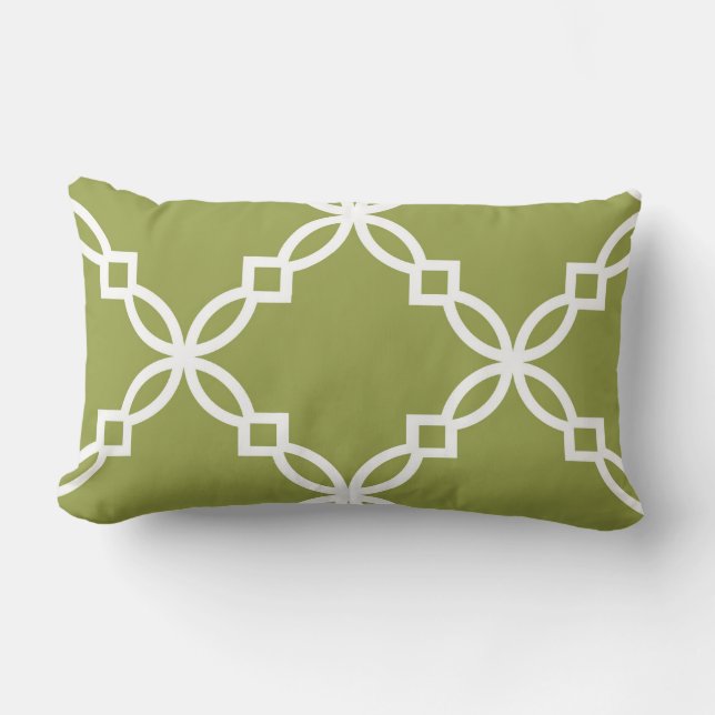 Avocado Green White Large Fancy Quatrefoil Pattern Lumbar Pillow (Front)
