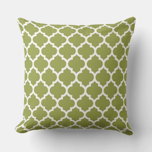 Avocado Green White Moroccan Quatrefoil Pattern 5 Throw Pillow