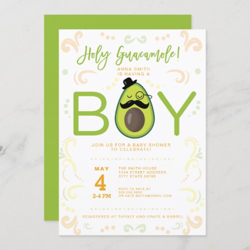 Avocado Holy Guacamole Boy Baby Shower Taco Party Invitation