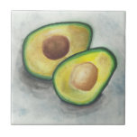 Avocado in Watercolor Tile<br><div class="desc">Watercolor painting of a fresh green avocado sliced in half. Grayish and blue mottled background.</div>