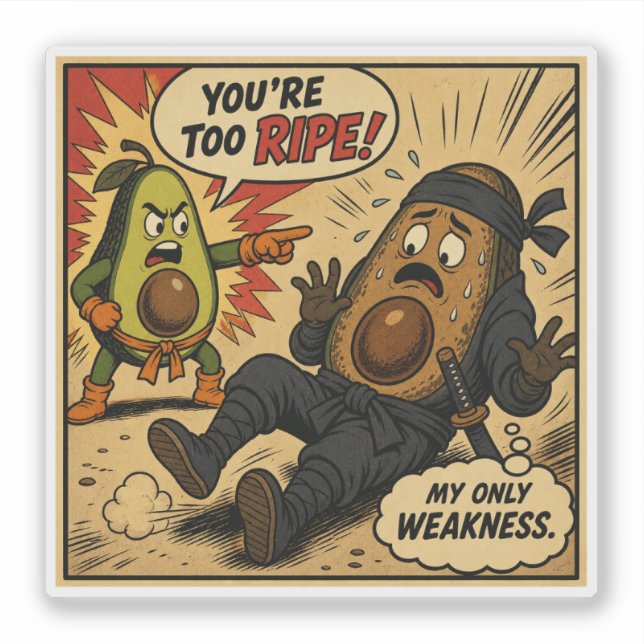 Avocado Ninja "Too Ripe" — Funny Retro Comic Sticker (Front)