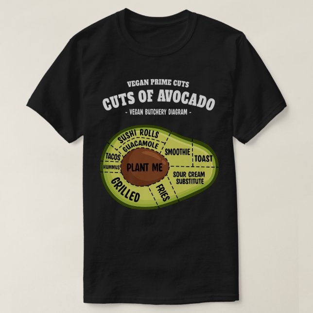 Avocado Prime Cuts Funny Vegan Butcher & Avocado E T-Shirt (Design Front)
