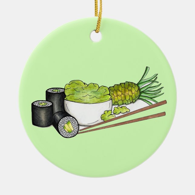 Avocado Rolls Wasabi Sushi Japanese Food Dinner Ceramic Ornament (Front)