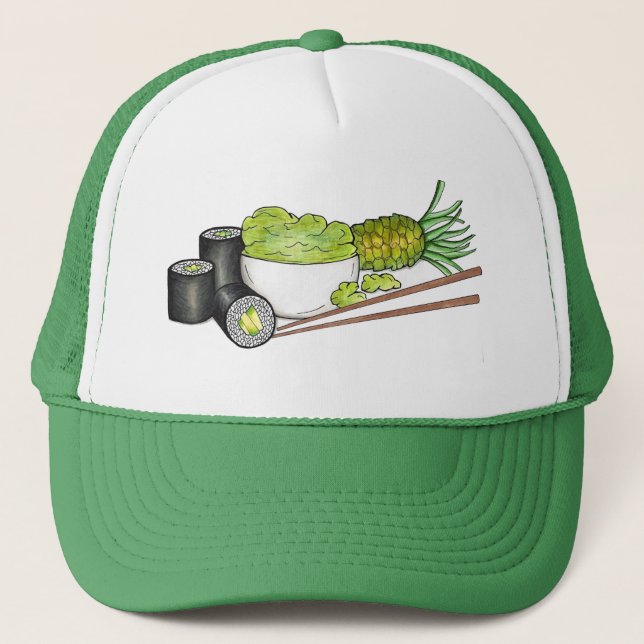Avocado Rolls Wasabi Sushi Japanese Food Dinner Trucker Hat (Front)
