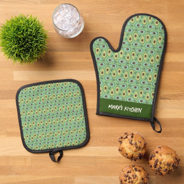 Avocado Vegetable Fruit Chef Kitchen Oven Mitt & Pot Holder Set (Top Down)