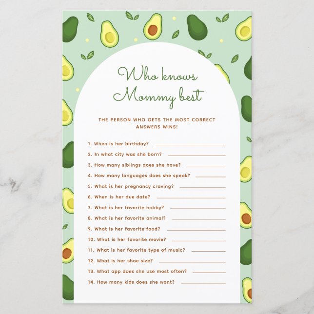 Avocado Who Knows Mommy Best Baby Shower Game (Front)