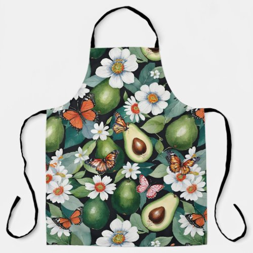 Avocados Floral with Butterflies Black Apron