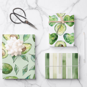 Avocados Hearts Green Plaid Stripes Birthday Wrapping Paper Sheets