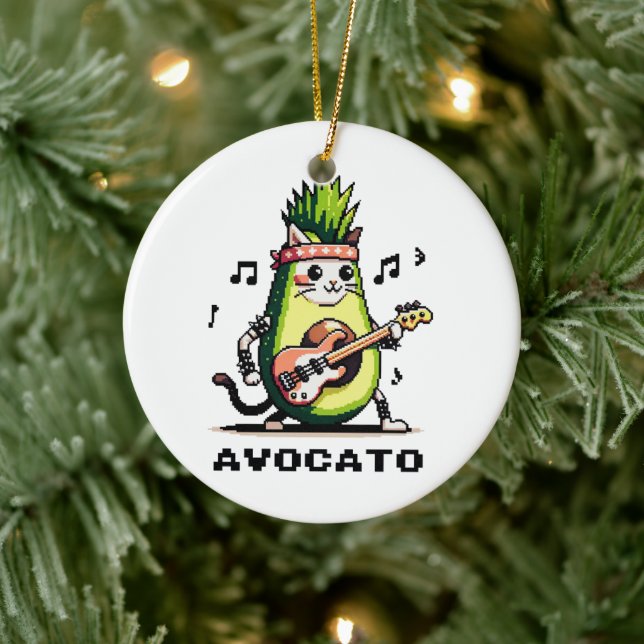 Avocato Bassist - Punk Cat Avocado Pixel Art Ceramic Ornament (Tree)