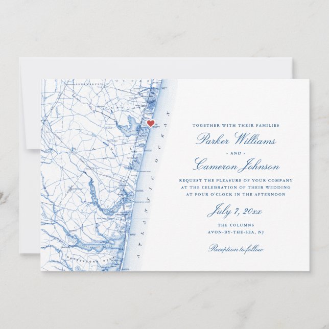 Avon-by-the-sea NJ Map Elegant Navy Blue Wedding Invitation (Front)