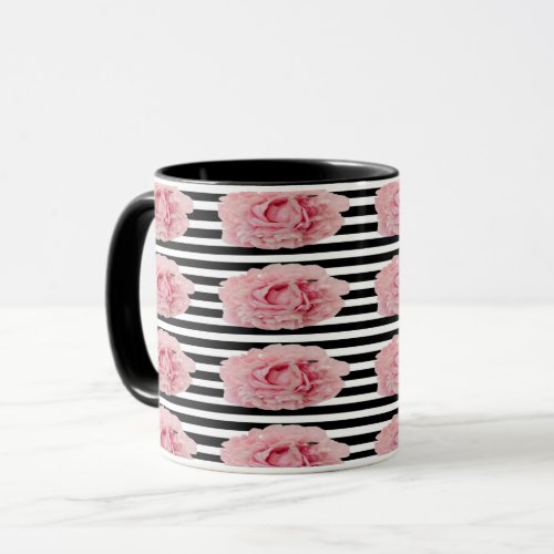 Avryl Fleur Pink Peony Black White Stripes Mug