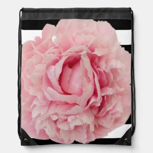 Avryl Fleurs Pink Peony Black White Stripes Drawstring Bag