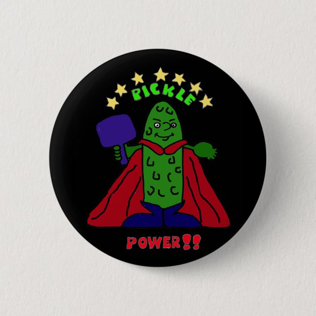 AW- Pickle Power Superhero Pickleball Cartoon Pinback Button (Front)