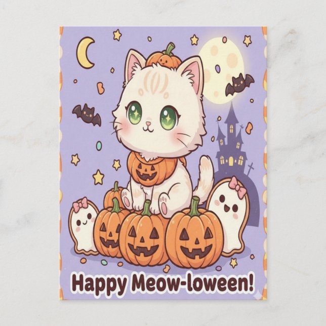 awaii Cat in Pumpkin Costume Halloween Card (Front)