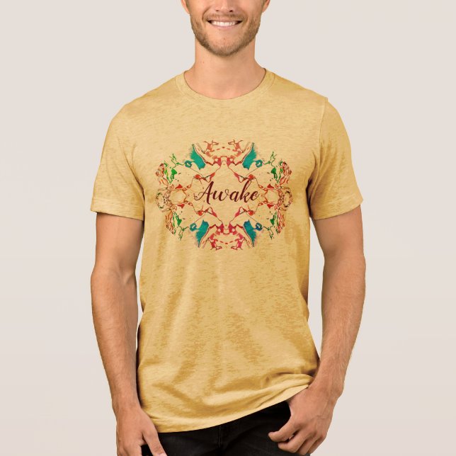 "Awake" Mandala Design in Aqua Coral Light Green Tri-Blend Shirt (Front)