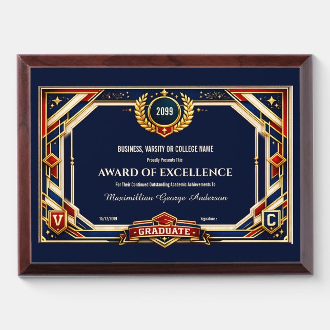 Award Excellence editable red white blue year end Plaque (Horizontal)