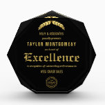 Award of Excellence Award with Business Logo<br><div class="desc">A large custom acrylic block award of excellence features your details and company logo in chic gold lettering on any color background, we show black. Perfect for business and corporate service, achievement, excellence awards or anything. Dimensions: 7.5" high x 7" long x 1" wide - Available in 3 different sizes....</div>