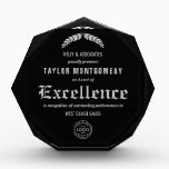 Award of Excellence Award with Business Logo<br><div class="desc">A large custom acrylic block award of excellence features your details and company logo in chic silver lettering on any color background, we show black. Perfect for business and corporate service, achievement, excellence awards or anything. Dimensions: 7.5" high x 7" long x 1" wide - Available in 3 different sizes....</div>