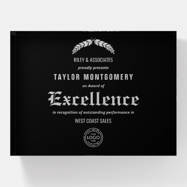 Award of Excellence Business Logo Glass Paperweight (Front)