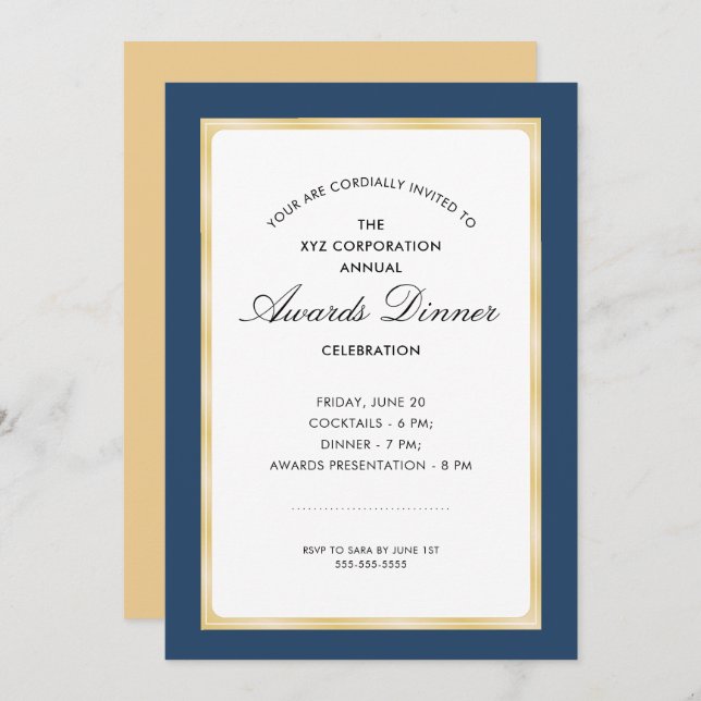Awards Dinner Celebration | Navy Blue and Gold Invitation (Front/Back)