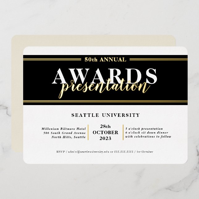 AWARDS DINNER modern event simple fancy black gold Foil Invitation (Front/Back)