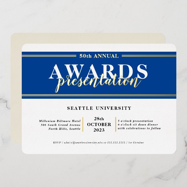 AWARDS DINNER modern event simple royal blue gold Foil Invitation (Front/Back)