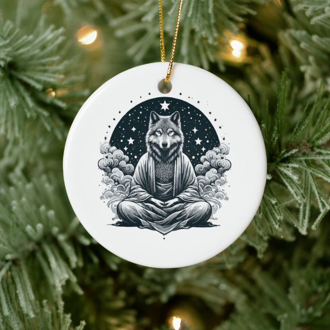 Aware Wolf Ceramic Ornament (Tree)
