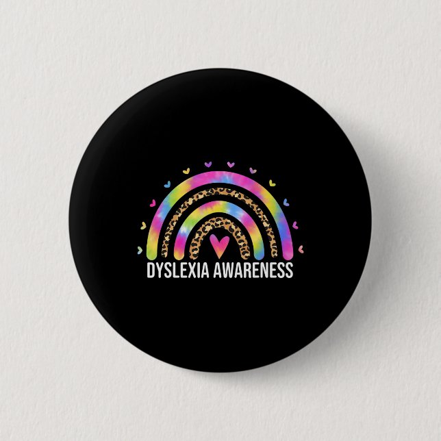 Awareness Month Leopard Rainbow For Women Dyslexic Button (Front)