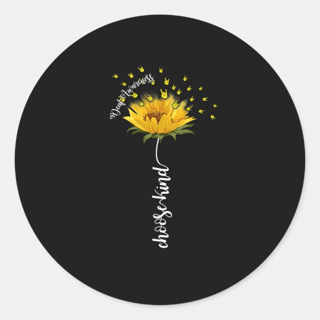 Awareness Sunflower Choose Kind Yellow Ribbon Asl  Classic Round Sticker (Front)