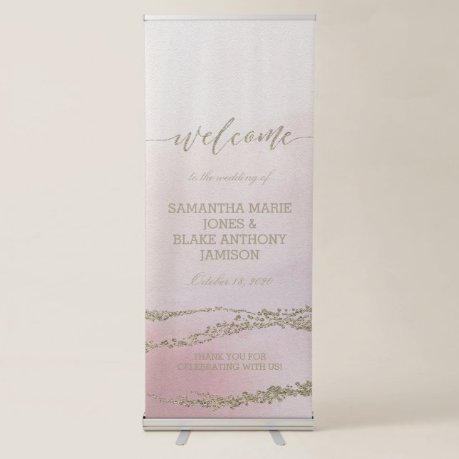 Awash Elegant Watercolor Blush Wedding Welcome Retractable Banner (Front)