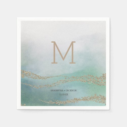 Awash Elegant Watercolor in Ocean Wedding Monogram Paper Napkins
