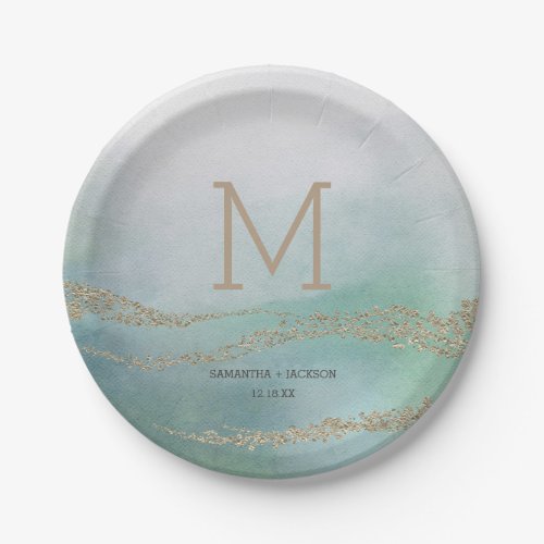 Awash Elegant Watercolor in Ocean Wedding Monogram Paper Plates