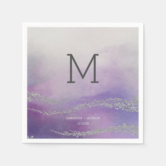 Awash Elegant Watercolor Orchid Wedding Monogram Paper Napkins (Front)