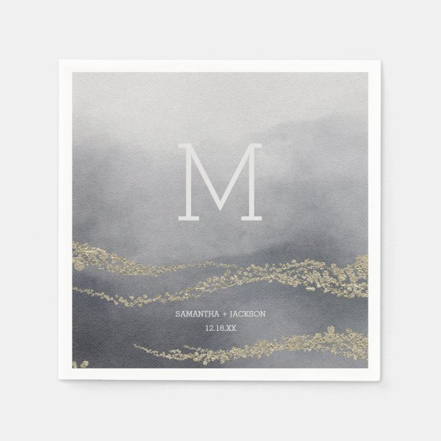 Awash Elegant Watercolor Smoke Wedding Monogram Paper Napkins (Front)