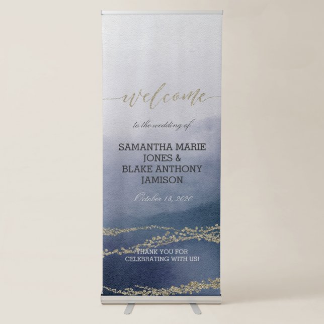Awash Elegant Watercolor Surf Wedding Welcome Retractable Banner (Front)