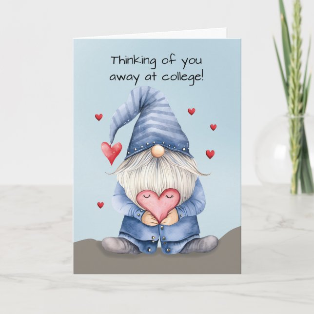 Away at College Valentine Funny Gnome Wearing Deni Card (Front)