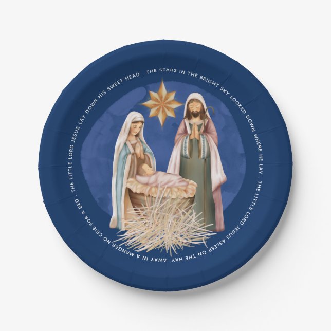 Away In A Manger Carol Lyrics Gold Nativity Blue Paper Plates (Front)