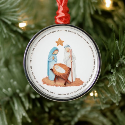 Away In A Manger Carol Mininalist Nativity Metal Ornament
