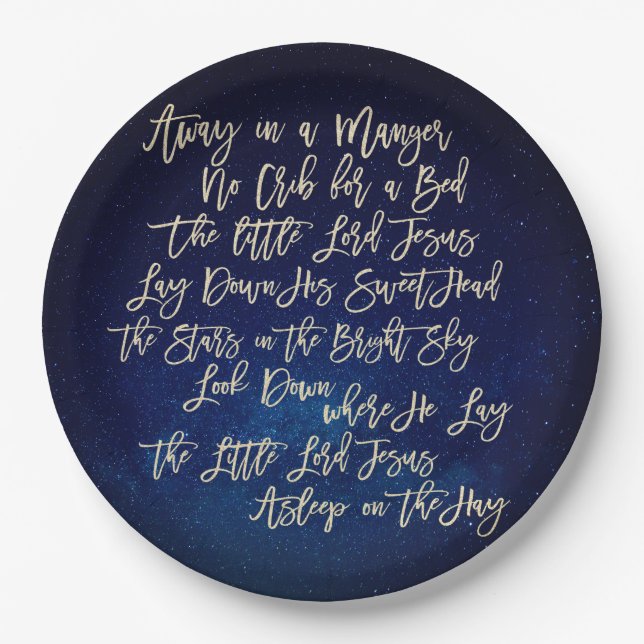 Away in A Manger Christmas Carol Midnight Blue Paper Plates (Front)