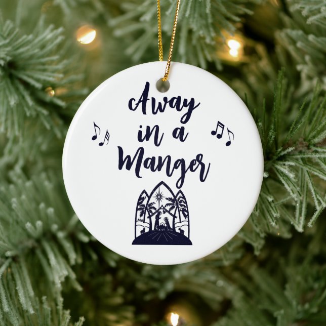 Away in a Manger Christmas Minimalist Typography Ceramic Ornament (Tree)