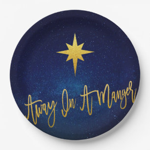 Away in A Manger Dark Blue Festive Starry Night Paper Plates