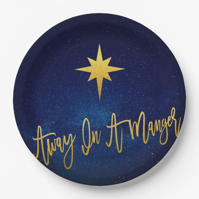 Away in A Manger Dark Blue Festive Starry Night Paper Plates (Front)