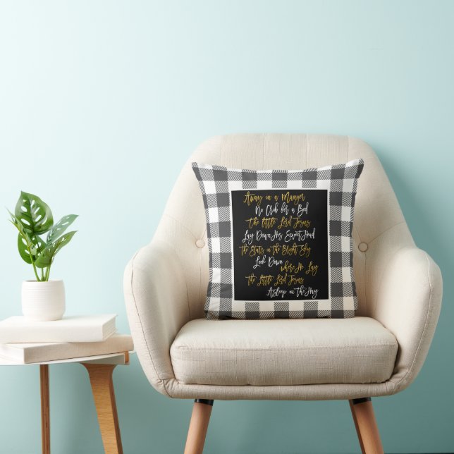 Away In A Manger Lyric Black White Plaid Christmas Throw Pillow (Chair)