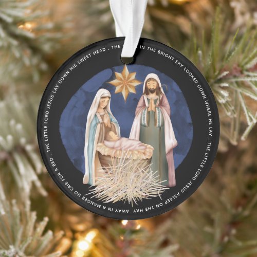 Away In A Manger Lyrics Nativity Gold Text Black Ornament