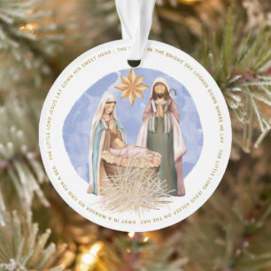 Away In A Manger Lyrics Nativity Gold Text White Ornament