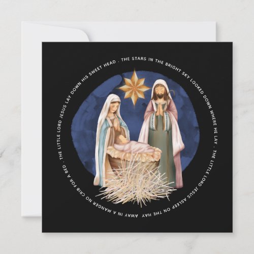 Away In A Manger Lyrics Nativity Scene Black Holiday Card