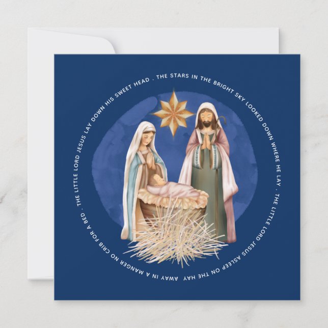 Away In A Manger Lyrics Nativity Scene Blue Holiday Card (Front)