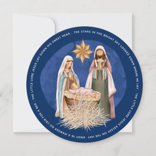 Away In A Manger Lyrics Nativity Scene Circular Holiday Card