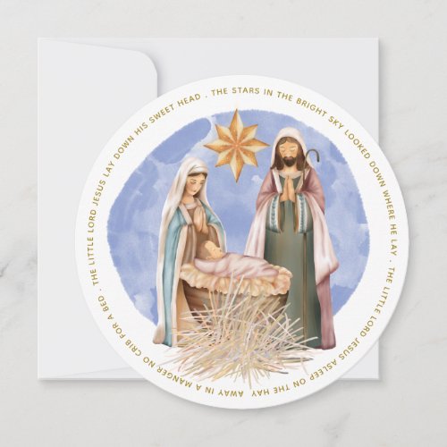 Away In A Manger Lyrics Nativity White Circular Holiday Card
